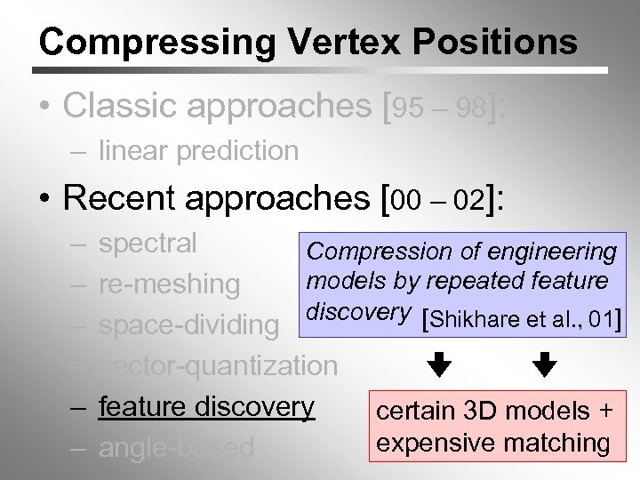 Compressing Vertex Positions • Classic approaches [95 – 98]: – linear prediction • Recent