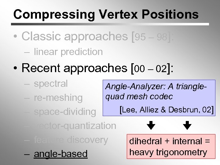 Compressing Vertex Positions • Classic approaches [95 – 98]: – linear prediction • Recent