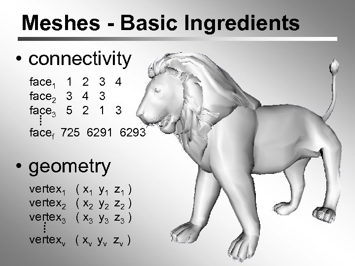 Meshes - Basic Ingredients • connectivity face 1 1 2 3 4 face 2