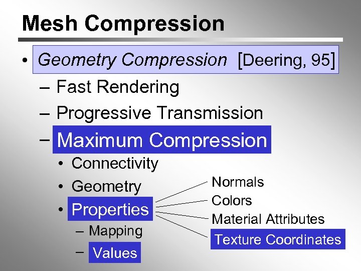 Mesh Compression Deering, • Geometry Compression [[Deering, 95] – Fast Rendering – Progressive Transmission