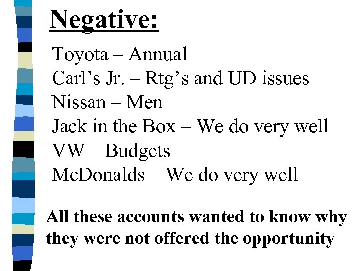 Negative: Toyota – Annual Carl’s Jr. – Rtg’s and UD issues Nissan – Men