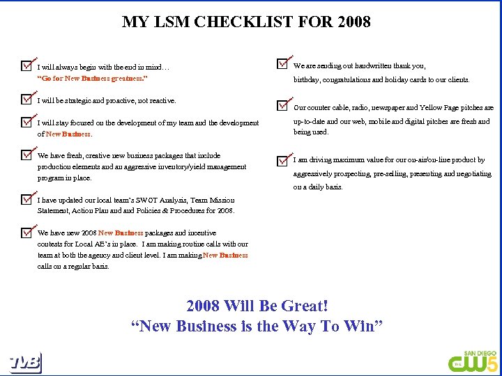 MY LSM CHECKLIST FOR 2008 I will always begin with the end in mind…