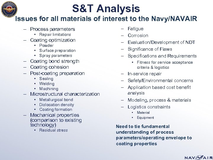 S&T Analysis Issues for all materials of interest to the Navy/NAVAIR – Process parameters