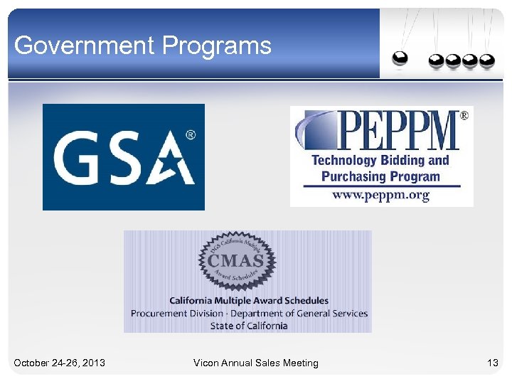 Government Programs October 24 -26, 2013 Vicon Annual Sales Meeting 13 