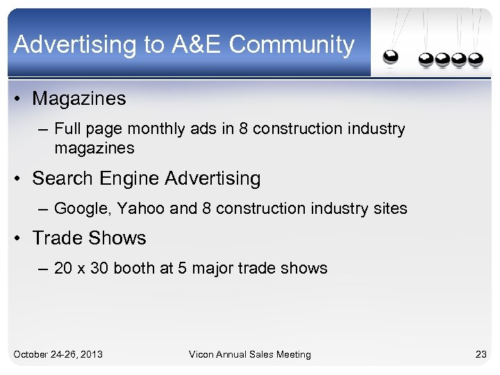 Advertising to A&E Community • Magazines – Full page monthly ads in 8 construction