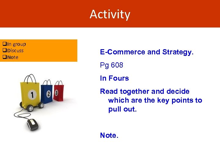 Activity q. In group q. Discuss q. Note E-Commerce and Strategy. Pg 608 In