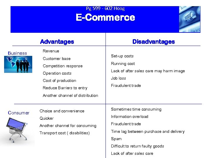 Pg 599 - 602 Hoag E-Commerce Advantages Business Disadvantages Revenue Customer base Competition response