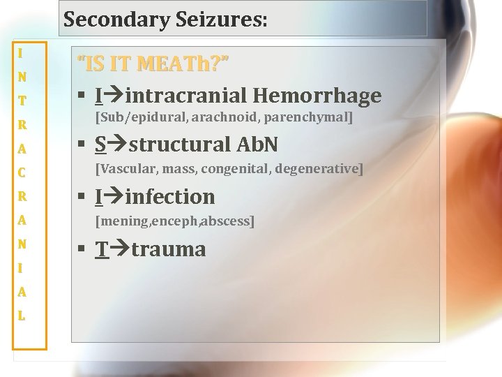 Secondary Seizures: I N T R A C R A N I A L