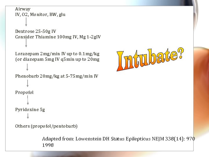 Airway IV, O 2, Monitor, BW, glu Dextrose 25 -50 g IV Consider Thiamine