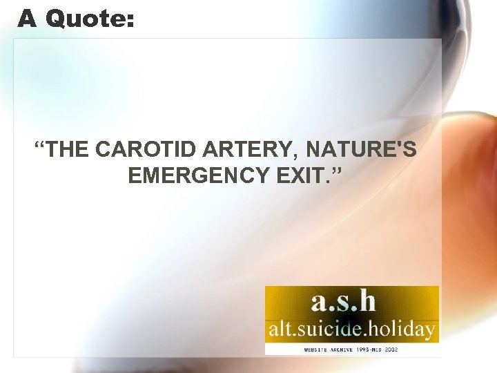 A Quote: “THE CAROTID ARTERY, NATURE'S EMERGENCY EXIT. ” 
