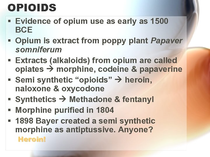 OPIOIDS § Evidence of opium use as early as 1500 BCE § Opium is