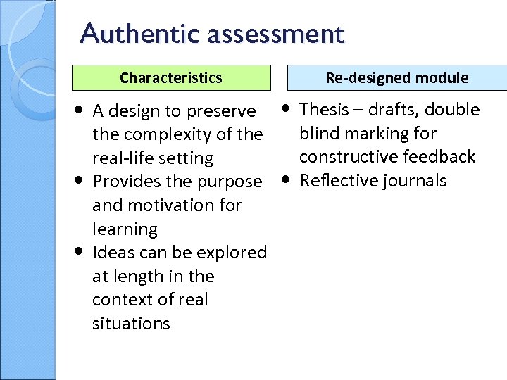 Authentic assessment Characteristics Re-designed module • A design to preserve • Thesis – drafts,