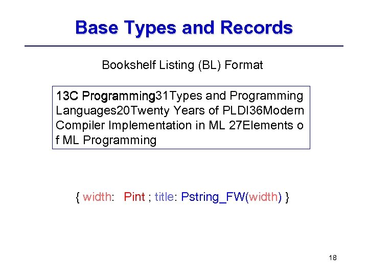 Base Types and Records Bookshelf Listing (BL) Format 13 C Programming 31 Types and