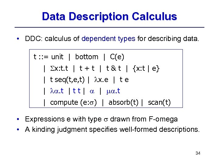 Data Description Calculus • DDC: calculus of dependent types for describing data. t :