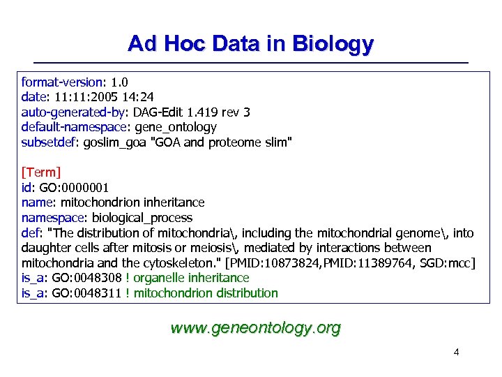 Ad Hoc Data in Biology format-version: 1. 0 date: 11: 2005 14: 24 auto-generated-by: