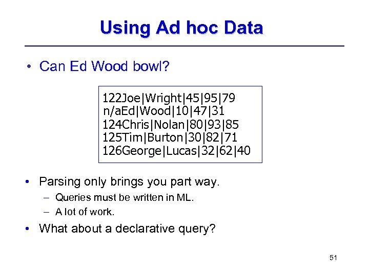 Using Ad hoc Data • Can Ed Wood bowl? 122 Joe|Wright|45|95|79 n/a. Ed|Wood|10|47|31 124