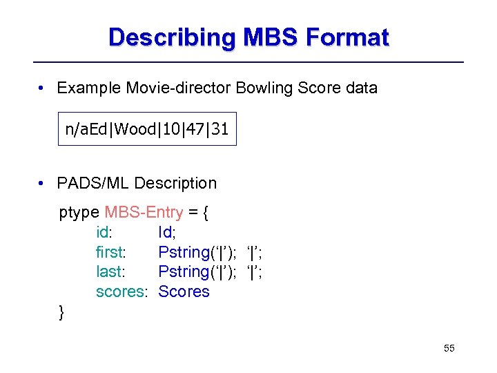 Describing MBS Format • Example Movie-director Bowling Score data n/a. Ed|Wood|10|47|31 • PADS/ML Description