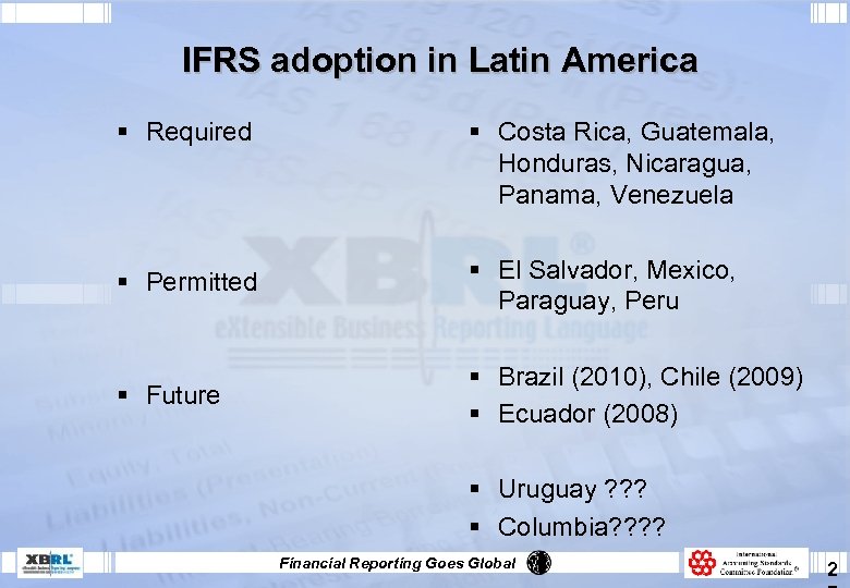 IFRS adoption in Latin America § Required § Costa Rica, Guatemala, Honduras, Nicaragua, Panama,