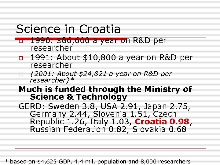 Science in Croatia o o o 1990: $86, 600 a year on R&D per