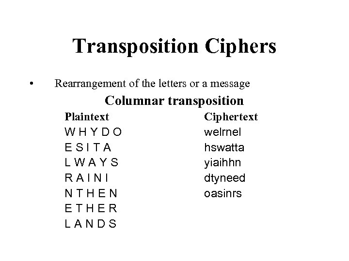 Transposition Ciphers • Rearrangement of the letters or a message Columnar transposition Plaintext WHYDO