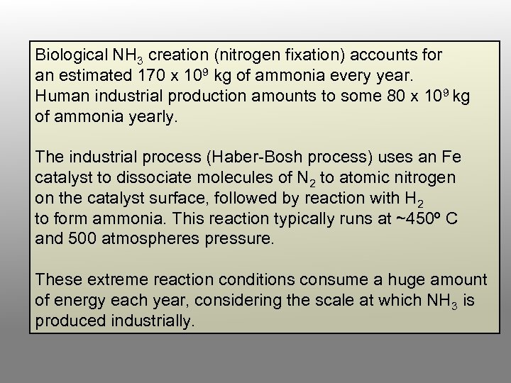 Biological NH 3 creation (nitrogen fixation) accounts for an estimated 170 x 109 kg