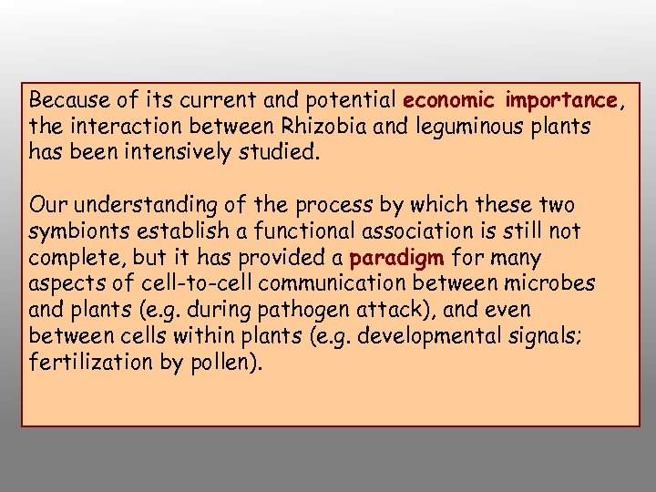 Because of its current and potential economic importance, the interaction between Rhizobia and leguminous