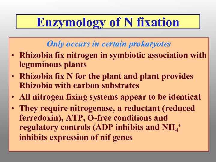 Enzymology of N fixation • • Only occurs in certain prokaryotes Rhizobia fix nitrogen
