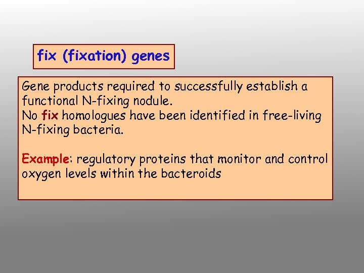 fix (fixation) genes Gene products required to successfully establish a functional N-fixing nodule. No