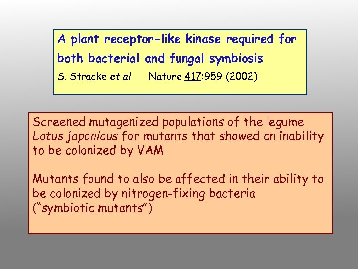 A plant receptor-like kinase required for both bacterial and fungal symbiosis S. Stracke et
