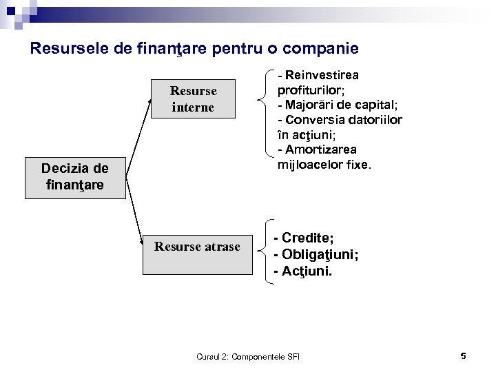 Resursele de finanţare pentru o companie Resurse interne Decizia de finanţare Resurse atrase -