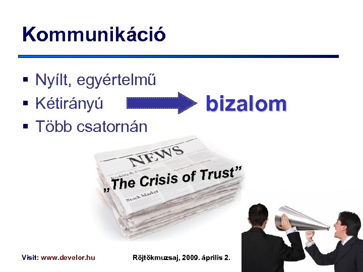 Kommunikáció § Nyílt, egyértelmű § Kétirányú § Több csatornán bizalom t” of Trust” „The