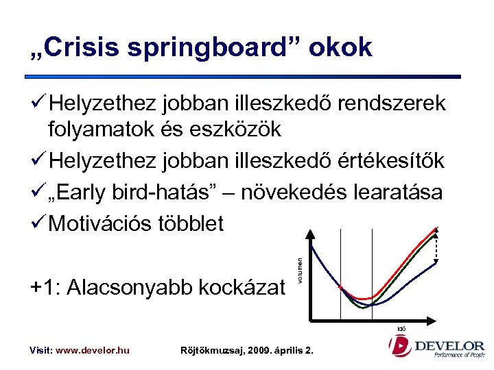 „Crisis springboard” okok +1: Alacsonyabb kockázat volumen ü Helyzethez jobban illeszkedő rendszerek folyamatok és