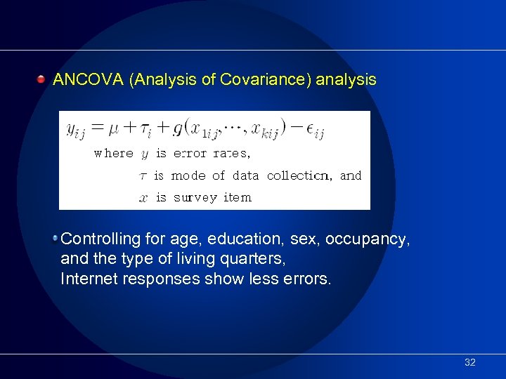 ANCOVA (Analysis of Covariance) analysis Controlling for age, education, sex, occupancy, and the type