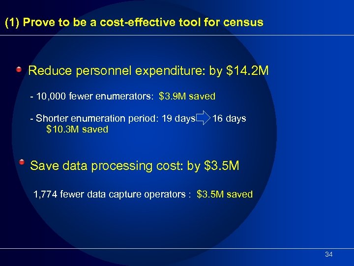 (1) Prove to be a cost-effective tool for census Reduce personnel expenditure: by $14.
