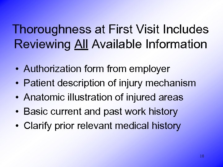 Thoroughness at First Visit Includes Reviewing All Available Information • • • Authorization form