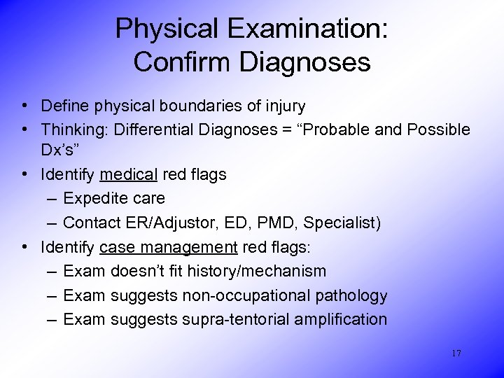 Physical Examination: Confirm Diagnoses • Define physical boundaries of injury • Thinking: Differential Diagnoses