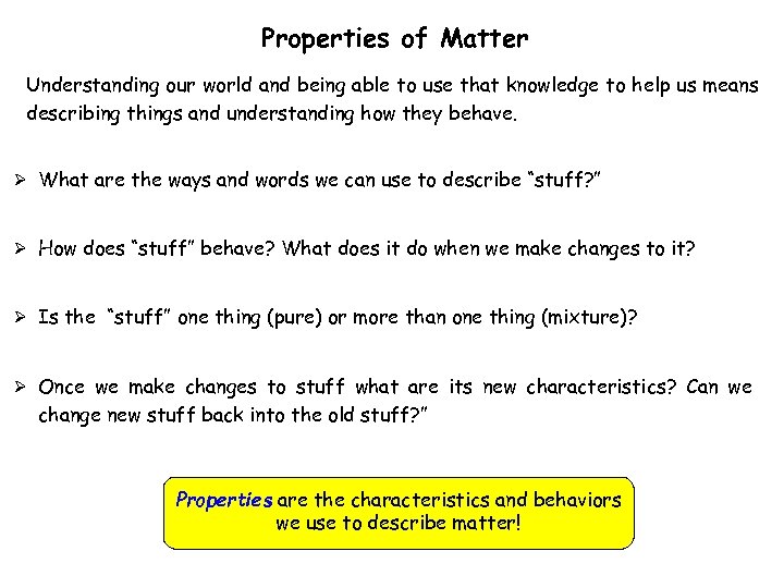 Properties of Matter Understanding our world and being able to use that knowledge to