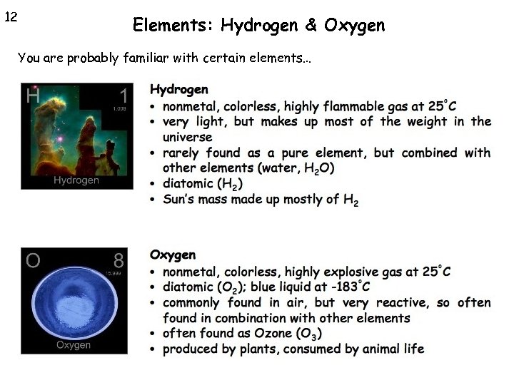 12 Elements: Hydrogen & Oxygen You are probably familiar with certain elements… 