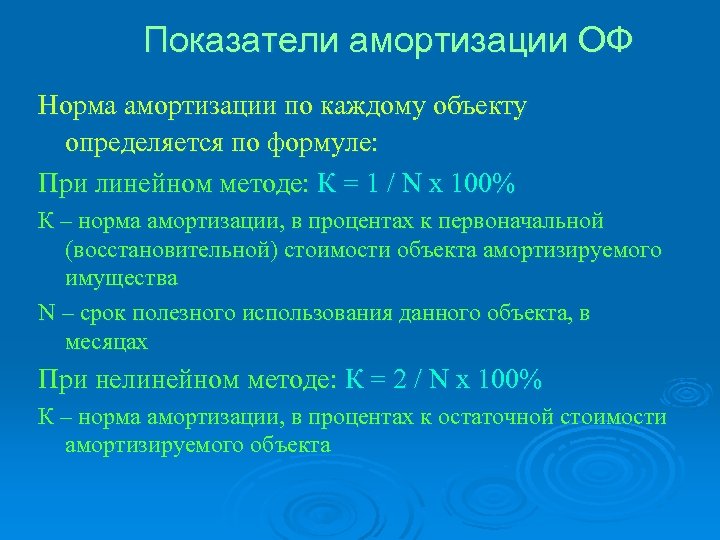 Показатели амортизации ОФ Норма амортизации по каждому объекту определяется по формуле: При линейном методе: