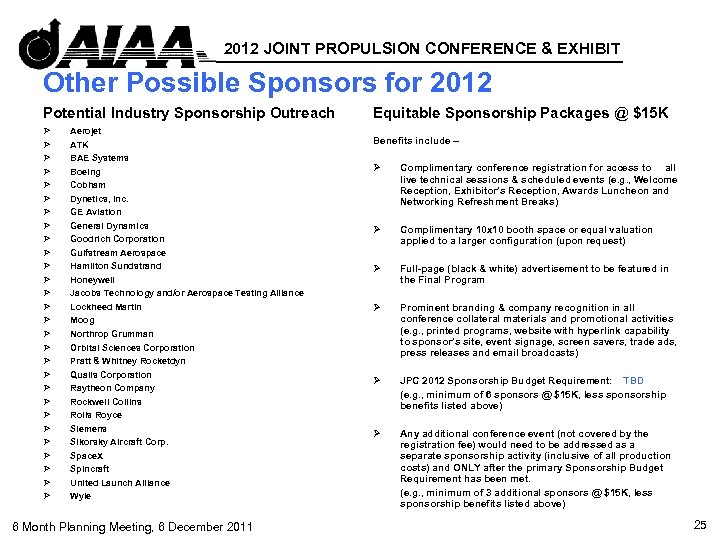 2012 JOINT PROPULSION CONFERENCE & EXHIBIT Other Possible Sponsors for 2012 Potential Industry Sponsorship