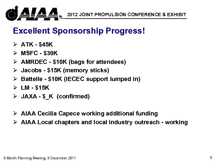 2012 JOINT PROPULSION CONFERENCE & EXHIBIT Excellent Sponsorship Progress! Ø Ø Ø Ø ATK
