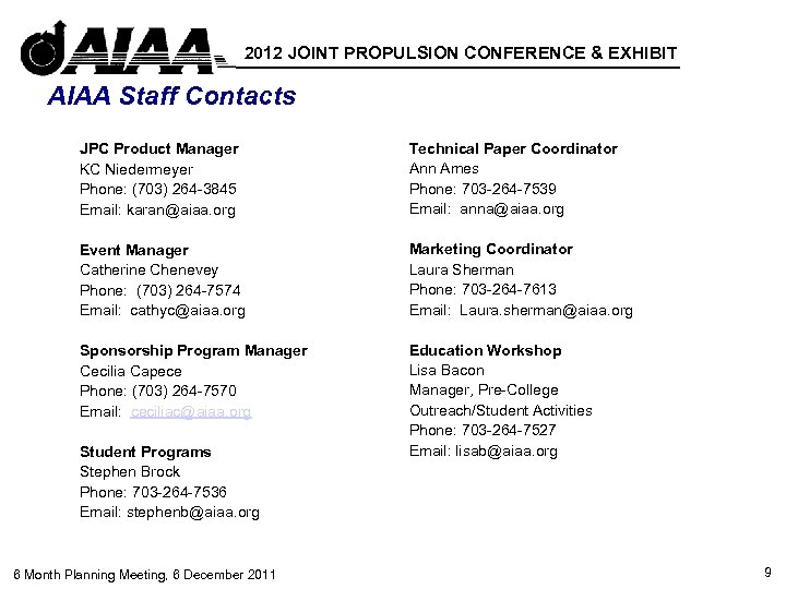 2012 JOINT PROPULSION CONFERENCE & EXHIBIT AIAA Staff Contacts JPC Product Manager KC Niedermeyer