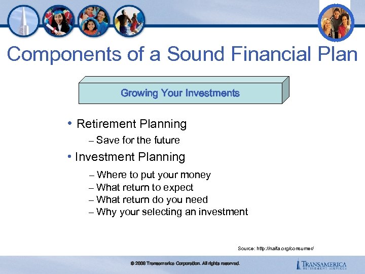 Components of a Sound Financial Plan Growing Your Investments • Retirement Planning – Save