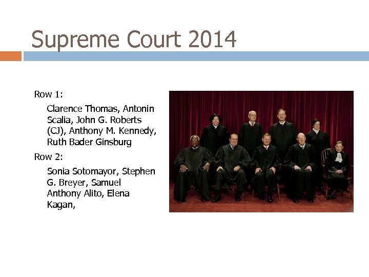 Supreme Court 2014 Row 1: Clarence Thomas, Antonin Scalia, John G. Roberts (CJ), Anthony