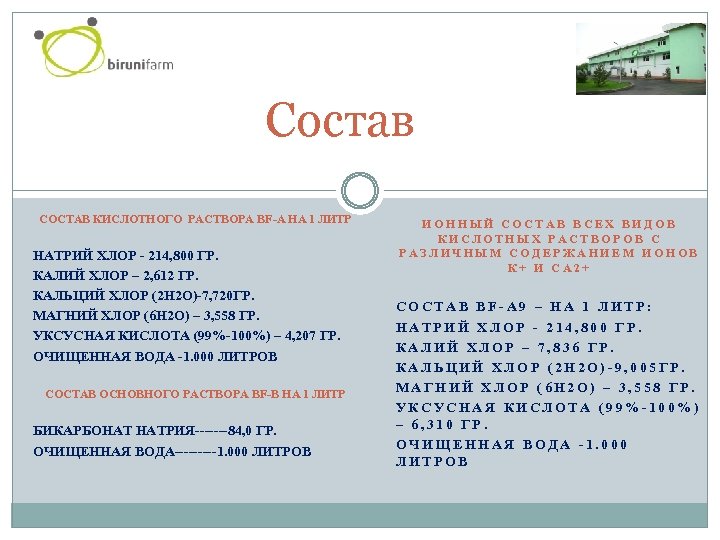 Состав СОСТАВ КИСЛОТНОГО РАСТВОРА BF-A НА 1 ЛИТР НАТРИЙ ХЛОР - 214, 800 ГР.