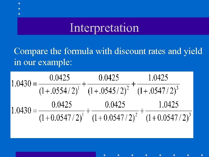 Interpretation Compare the formula with discount rates and yield in our example: 