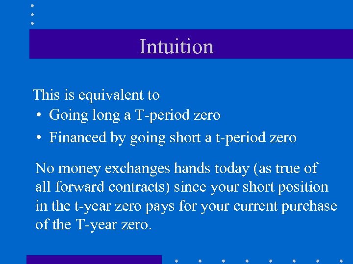 Intuition This is equivalent to • Going long a T-period zero • Financed by