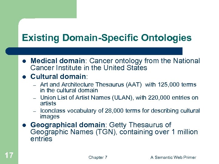 Existing Domain-Specific Ontologies l l Medical domain: Cancer ontology from the National Cancer Institute