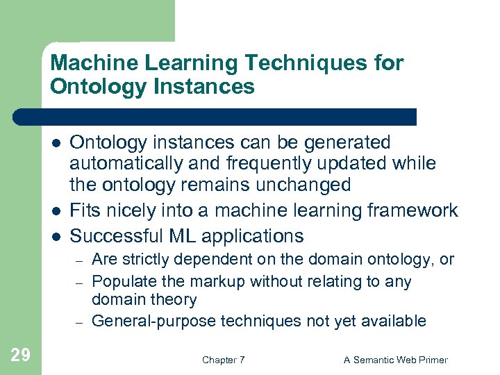 Machine Learning Techniques for Ontology Instances l l l Ontology instances can be generated