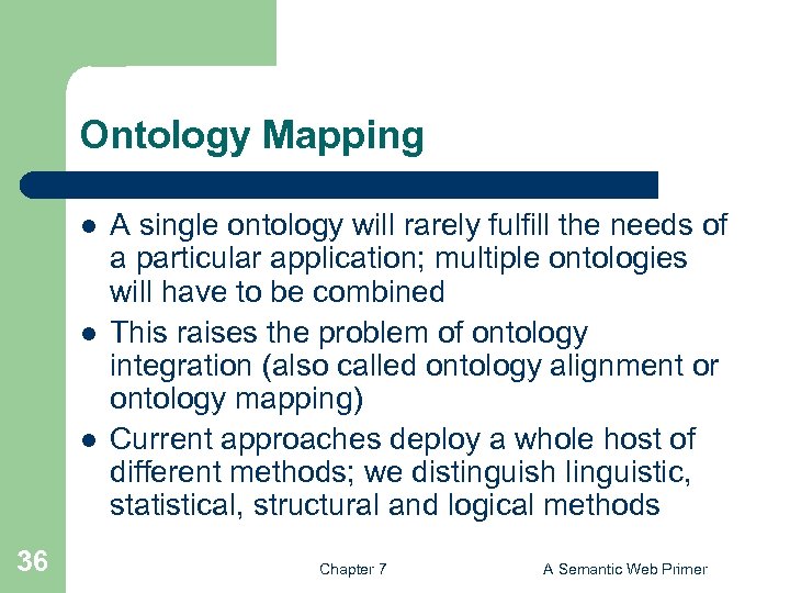 Ontology Mapping l l l 36 A single ontology will rarely fulfill the needs